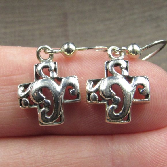 Jewelry - Sterling Silver Ornate Cutout Plus Shape Dangle Earrings Vintage